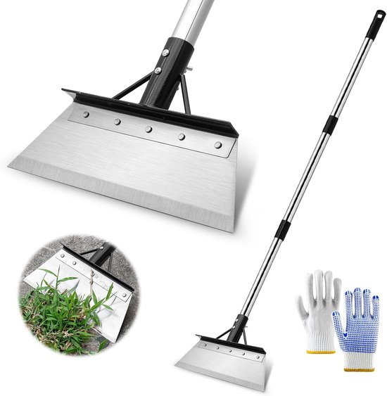 Onkruidschraper gereedschapsset - 21 cm roestvrijstalen mes met 3-delige 120 cm paal en handschoenen - mos- en ijsverwijderaar voor terras, oprit en sneeuw - verstelbare tuinschepset