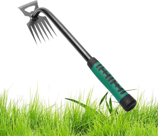 Onkruidtrekker, 6-tands onkruiduitsteker, met halve maanvormige schepkop, onkruidhaak, zaagblad staal, onkruidsteker, voor tuinwieden en grasmaaien