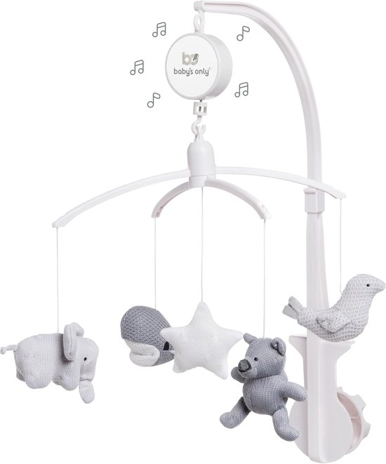 Only - Muziekmobiel baby - Boxmobiel - Zilvergrijs/Grijs/Wit - Gebreide figuurtjes - Muziek speelgoed - Melodie 'It's a small world'