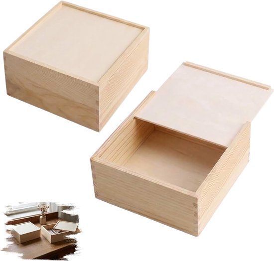 Opbergdoos, 2 stuks, vierkante houten kist met schuifdeksel, 20 x 20 x 8 cm, houten kist met schuifdeksel voor sieraden, armbanden, halskettingen, cadeau, kleinigheden