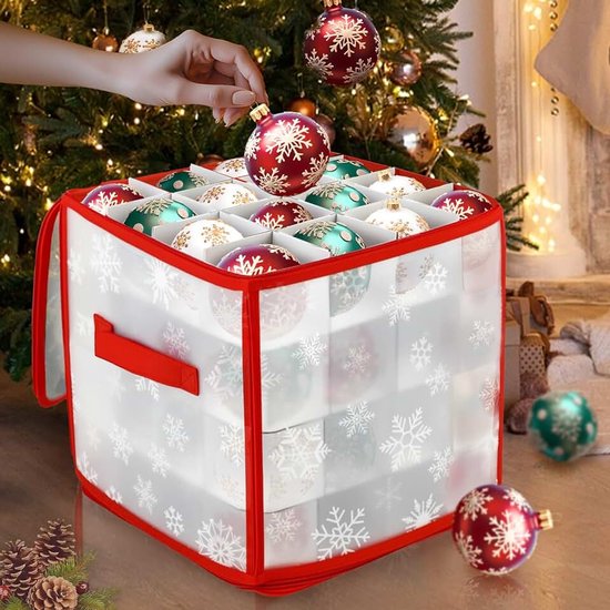 Opbergdoos voor ballen, opbergdoos, opvouwbaar, transparant, van kunststof, voor kerstboom, ornamenten, feest, decoratie (sneeuwvlokken)