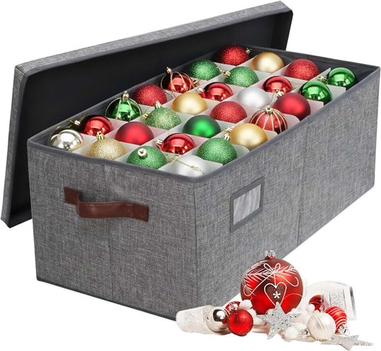 Opbergdoos voor kerstballen, 96 st., polyester/karton, grijs, 26x66,5x33 cm