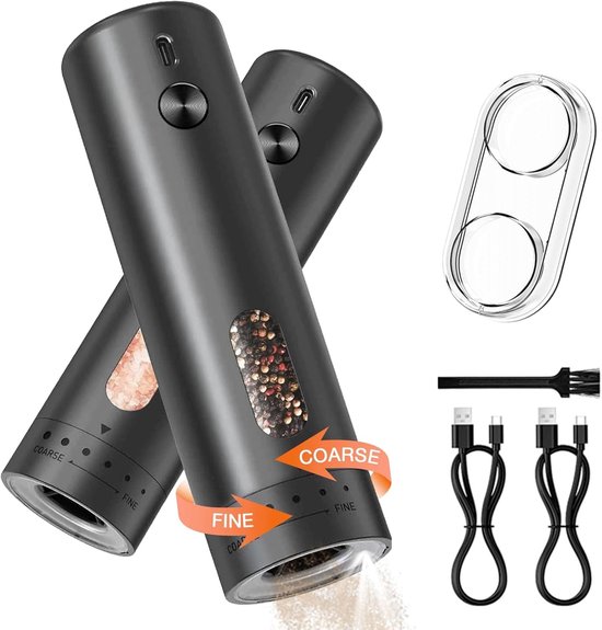 Oplaadbare Elektrische Zout- en Pepermolen Set met LED Lamp, Automatische Molen met 110ml Container, Verstelbare Maalgraad en Eenvoudige Éénhandige Bediening voor Keuken en Cadeaus - 2 Stuks