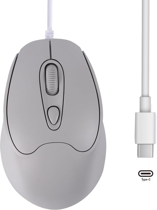 Optische USB-C muis, 1,2 m kabel, instelbare DPI 1600/1200/800, elegant 4-knops design met USB-C-aansluiting, stil en ergonomisch voor MacBook, laptop, iPad, Surface, smartphones, grijs