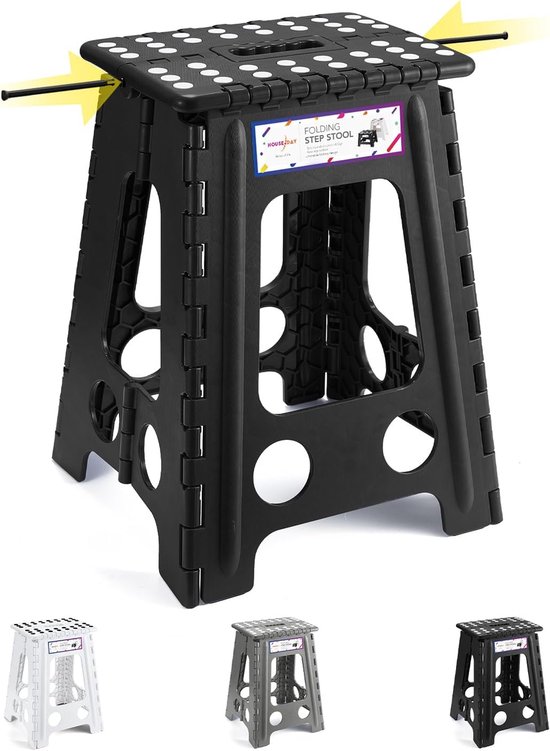 Opvouwbaar Krukje - Klapkrukje Hulpje - Handig Bereiken - Antislip Veilig - 45 cm Hoog - Zwart