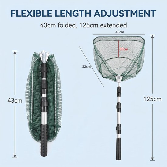 Opvouwbaar schepnet 125 cm voor forel en andere vissen - Telescopisch nylon ondervangnet, ideaal voor vissen in meren, vijvers en op de boot