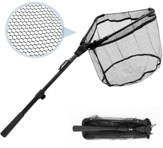 Opvouwbaar schepnet met rubber, telescopisch, 90 cm - voor forel, karper, zalm, bas van Merkloos