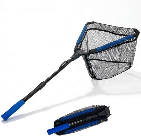 Opvouwbaar telescopisch schepnet van 90 cm met driehoekig frame en rubberen net voor vissen in vijvers, meren en boten