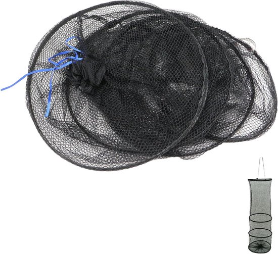 Opvouwbaar visnet - Schepnet garnalen - Vissen vangen - Met trekkoord - 82 cm lang - Zwart