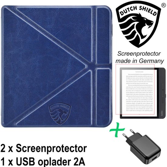 Origami Sleepcover Geschikt voor Kobo Libra 2 Hoes Marine Blauw + Screenprotector + Oplader * - ereader hoesje - cover van Origami