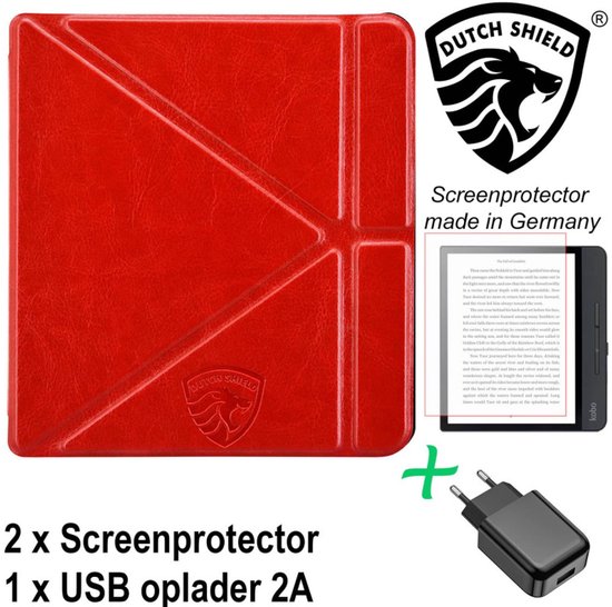 Origami Sleepcover Geschikt voor Kobo Libra 2 Hoes Rood + Screenprotector + Oplader * - ereader hoesje - cover van Origami