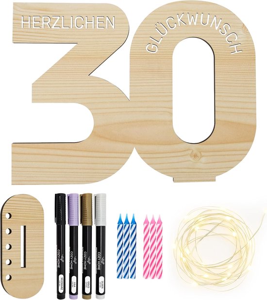 Originele 30e Verjaardagscadeau & Verjaardagsdecoratie - 6 Kaarsen | Incl. LED-lichtsnoer & 4 pennen I Vrouw vrouwen & mannen geldgeschenken 30 geschenken geldgeschenken gastenboek houten bord