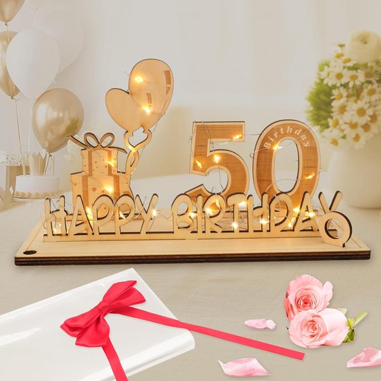 Originele 50ste verjaardag geldgeschenk hout jubileum gastenboek cadeau voor de 50ste verjaardag mannen en vrouwen met led-lichtketting, vlinderdas en cadeaupapier