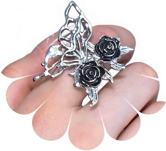Overdreven vlinderring van zilver, metaal, vlinder, bloem, filigraan ringen, grote roos, vingers, hol, enkelringen, handsieraad voor vrouwen (rozerood)