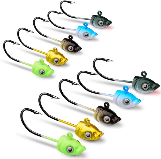 Pack of 10 lead head fishing baits, fishing hooks, lead heads, spinning, 5g, fish head, 3D eye fishing hooks van "Merknaam"