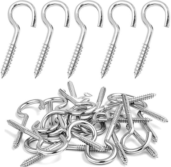 Pack of 100 Screw Hooks, Stainless Steel, Ceiling Hooks, Hook Screws, Screw-In Hooks, Robust Cup Hooks for Wood in Hooks, Hanging Plants, Art (M2-32mm) (Silver) van QLOUNI