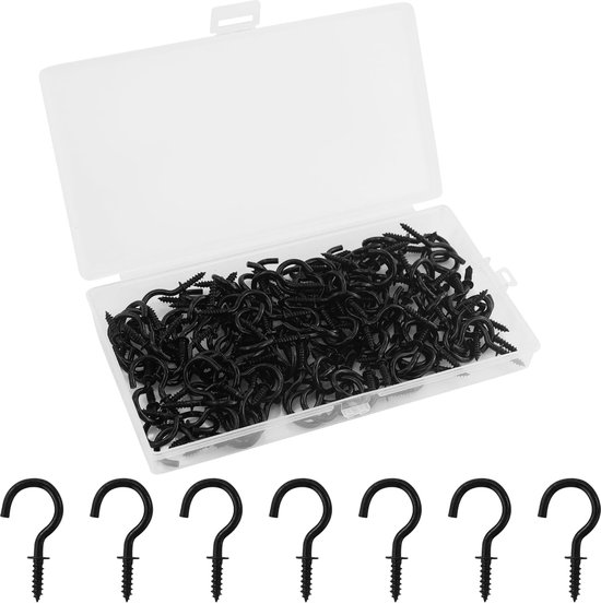 Pack of 130 Screw Hooks Black, Stainless Steel Screw Hooks, 1/2 Inch Head Hook Screws, Ceiling Hooks, Screw Hooks for Hanging Tea Cups, Keys, Christmas Decoration, Ideal for Garden, with Box van Merkloos