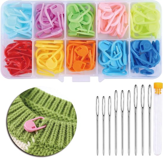 Pack van 120 Haaknaalden, 9 Stuks Naalden met Grote Oog, Lock Stitch met Opbergdoos voor Breien, Haken en Creatieve Projecten