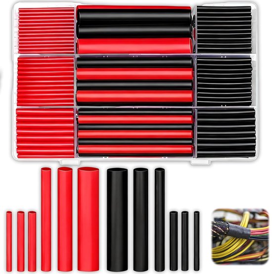 Pack van 270 Heat Shrink Tubes - 3:1 - Glue - Dubbelwandige Heat Shrink Tubing - Waterdicht - Rood & Zwart - 6 Maten - Heat Shrink Tube voor Kabelreparatie en Elektrische Isolatie - Isolatie en Reparatie van Easyricambi