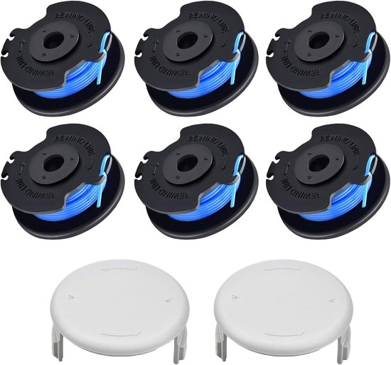 Pack van 6 Vervangende Grastrimmer Spoelen met Autofeed Nylon Draad, Geschikt voor 18V, 24V, 40V Trimmers, Inclusief 2 Caps, 1.65mm x 3.4m, Tuinaccessoires, Grasmaaien, Tuinonderhoud