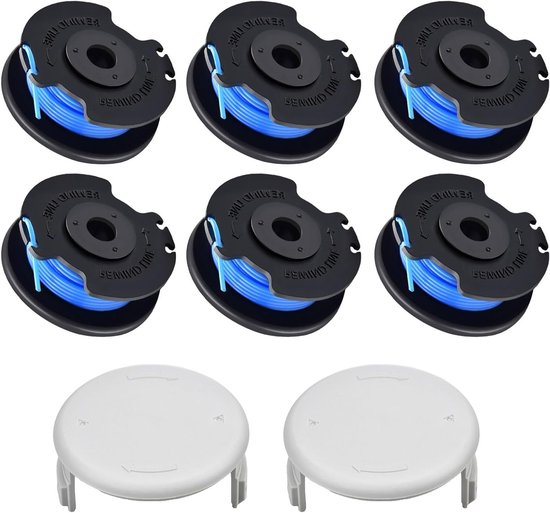 Pack van 6 Vervangende Grastrimmer Spoelen met Autofeed Nylon Draad, Geschikt voor 18V, 24V en 40V Trimmers, Inclusief 2 Vervangende Caps, 1.65mm x 3.4m