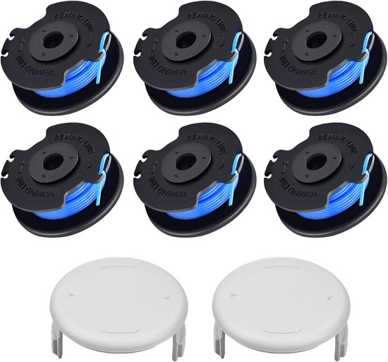 Pack van 6 Vervangende Grastrimmer Spoelen met Autofeed Nylon Draad, Geschikt voor 18V, 24V en 40V Trimmers, Inclusief 2 Vervangende Caps, 1.65mm x 3.4m