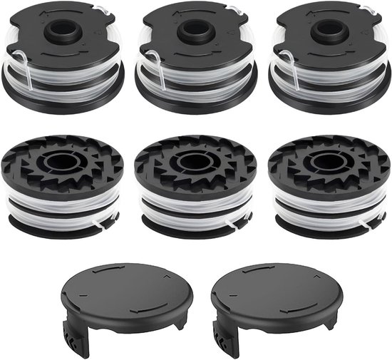 Pack van 6 Vervangende Trimmerdraad Spoelen, Geschikt voor Diverse Tuinmachines, Ø 1.6 mm 8.3 m, Inclusief 2 Caps voor Gemakkelijk Gebruik van Merkloos