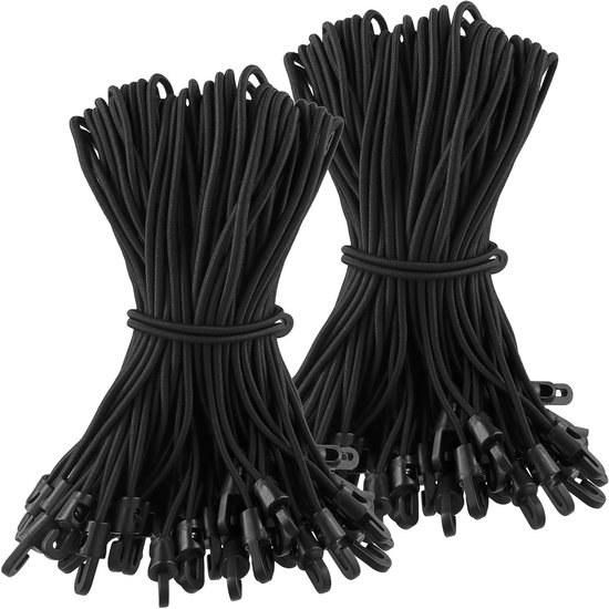 Pack van 80 Tension Rubber met Haken, 25 cm, Ideaal voor Zeilspanning, Camping en Aanhangwagenzeilen, Zwart