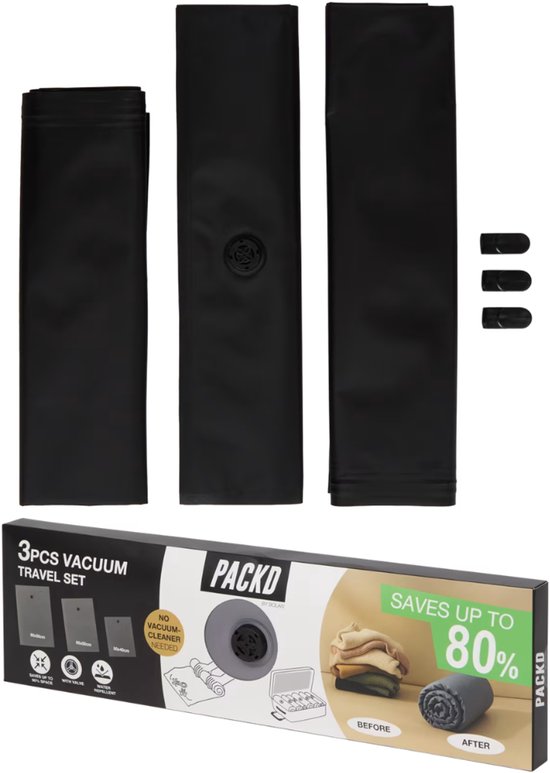 PACKD reisvacuümzakken 3 stuks - 3 maten: 50 x 40 cm, 65 x 50 cm en 80 x 50 cm - Waterafstotend