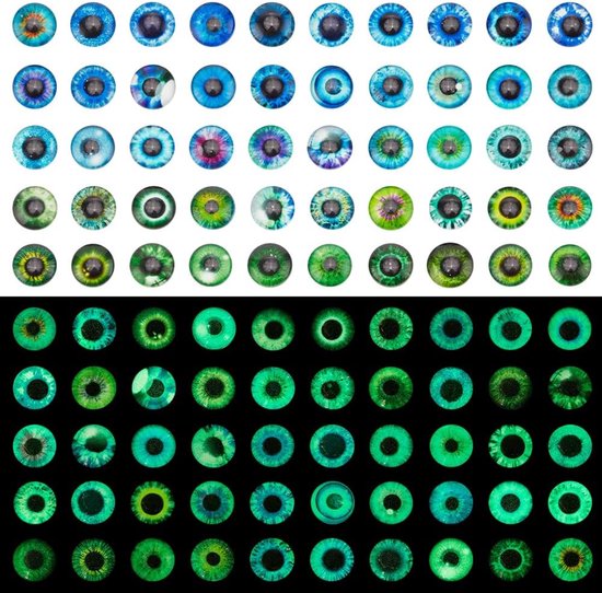 PandaHall 100 stuks cabochons van glas met dierenoog, lichtgevende dierenogen, 12 mm, ronde koepel, glazen cabochons met platte achterkant, gloeien in het donker, voor het maken van