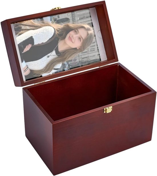PandaHall Grote houten herinneringsdoos grenenhout opbergkist met foto en hart bloemen deksels decor schatkist voor bruiloft begrafenis geschenk thuis 30 x 18 x 21,8 cm