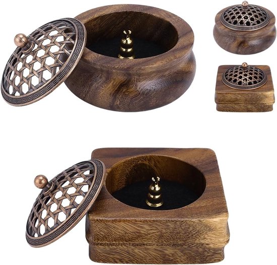 PandaHall Walnoot wierookbrander met wierookhouder, 2 sets ronde vierkante vintage wierook kegelhouder met holle deksel en pad voor sticks spoel, wierook, thuiskantoor yoga zen med