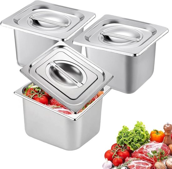 Paneerset van 3 roestvrijstalen hotelpannen, paneerschalen, 3-delig, stoomtafelpannen, pannen, roestvrijstalen container met deksel, cateringpannen, vershoudcontainer, 17,6 x 16,2 x 15 cm