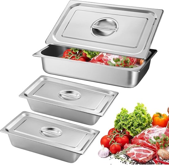 Paneerset van 3 roestvrijstalen hotelpannen, paneerschalen, 3-delig, stoomtafelpannen, pannen, roestvrijstalen container met deksel, cateringpannen, vershoudcontainer, 32,5 x 17,5 x 6,5 cm