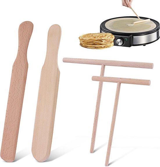 Pannenkoeken-accessoires voor pannenkoeken, multifunctioneel, 4 stuks, pannenkoeken, spatel voor pannenkoeken van hout, pannenkoekendispenser in T-vorm, voor pannenkoeken, galetten en pannenkoeken