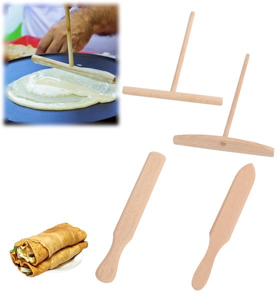 Pannenkoekenset van beukenhout, 4-delige set met pannenkoekenspatel, pannenkoekenverdeler, spatel en schraper voor pannenkoeken en deegverdelers, accessoires