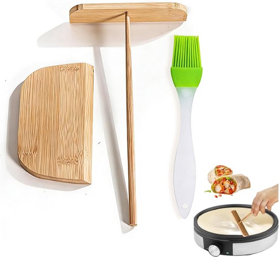 Pannenkoekenset van hout, pannenkoekenverdeler en spatel voor het bereiden en draaien van pannenkoeken, herbruikbare deegverdeler voor pannenkoeken, voor thuis, keuken, bakken, koken (rood 1)
