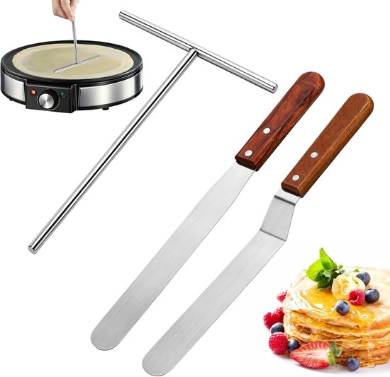 pannenkoekenverdeler set 3-delig roestvrij staal - spatel & spatel houten handvat