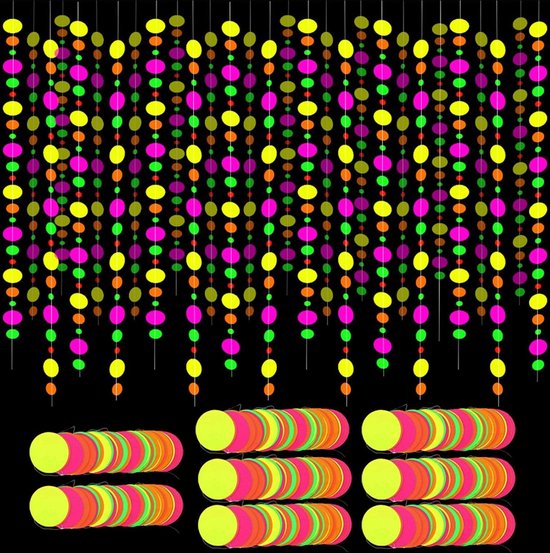 Paper Garland Circle Dots Banner - 8 Pieces 115.484 Feet - Neon Birthday Party Wedding Black Light Glow Party - Large and Small . van Merkloos
