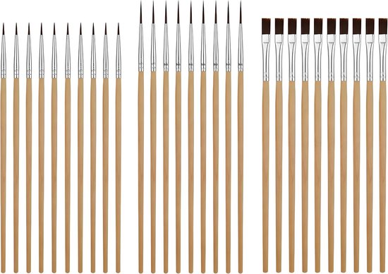 Penselen met miniatuurdetails, 30 stuks, houten handvat, set met fijne punten met 2 lijnmaten en 1 platte punt voor acryl, modelbouw, gips, klei en doe-het-zelf