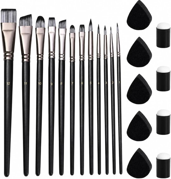 Penselen Penselenset 12 stuks, geen haarverlies, zacht voor de huid, voor facepainting en bodypainting, 12 maten voor acryl, met spons vingerstempels, zwart
