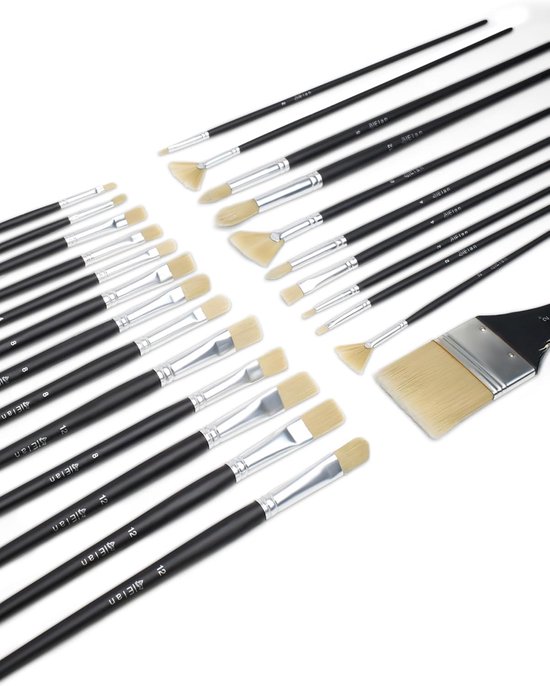 Penselen Set met Lange Steel, 24-Delig, Synthetisch Haar, Olieverf | vegan olieverf penselen: stevigheid & veerkracht als echt varkenshaar, bevat schuin, bright, waaier, kattentong, plat, rond