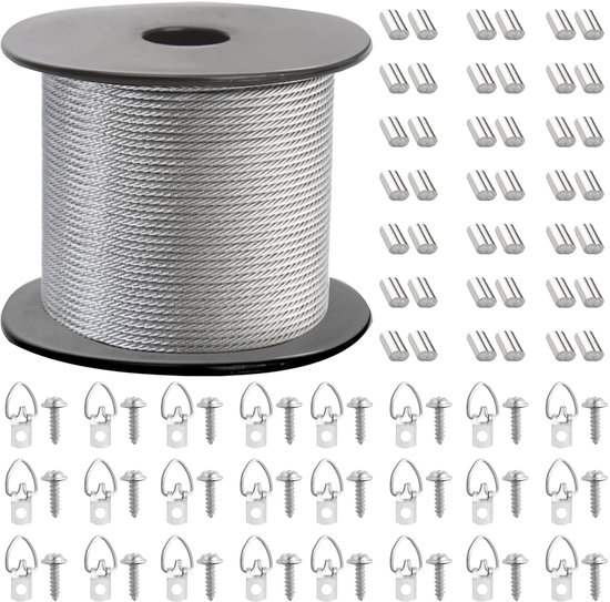 Picture Frame Hanging Wire Kit Braided Stainless Steel Vinyl Coated Wire Spool 1.5mm x 100 Feet and 30 Parts D-Ring - ShopVlot