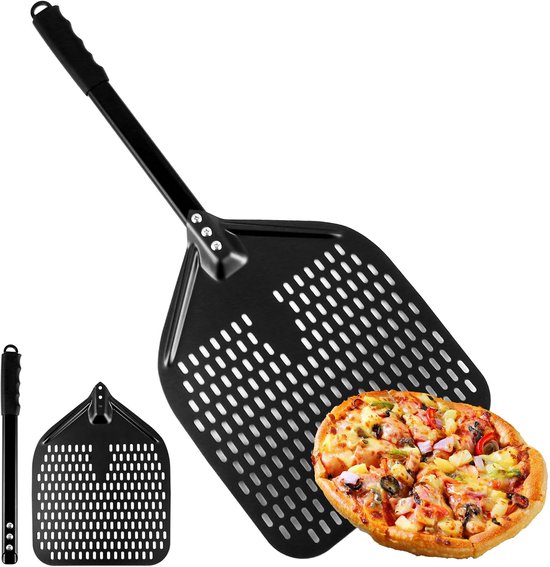 pizzaschep, 39 x 30 cm, geperforeerd, antiaanbaklaag, pizzaschep van hard geanodiseerd aluminium voor pizza, brood, zelfgemaakte pizzaschep, 82 cm in totaal