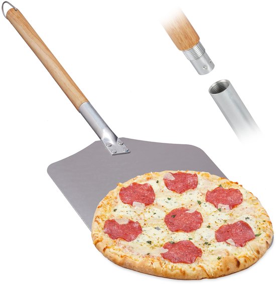 pizzaschep aluminium, lange houten steel, voor pizza en brood, professioneel, 30,5 x 30,5 cm, natuur/zilver