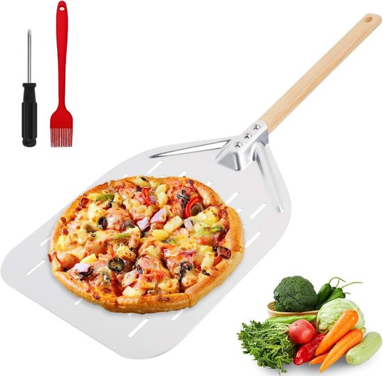 pizzaschep met olieborstel en 1 kruiskopschroevendraaier, aluminium 40 x 30 cm, professionele pizzaschep met 38 cm houten handvat
