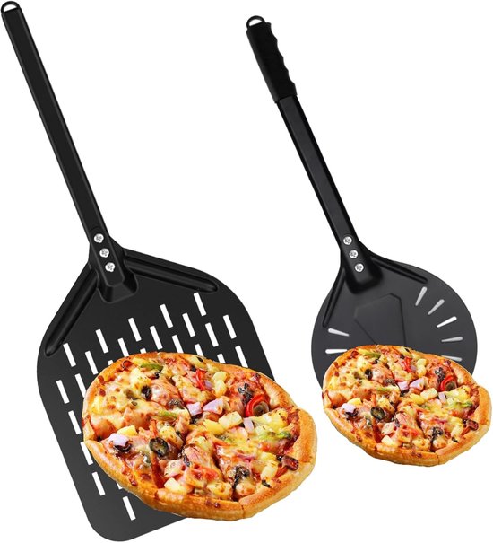 Pizzaschepset,pizzaschep geperforeerd aluminium comfortabele, afneembare steel Inclusief 7inch pizzadraaier en 12inch pizzaschep voor het draaien en verplaatsen van pizza's