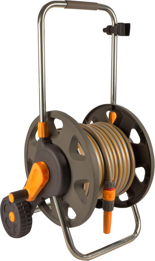 - Plus slangwagen 30 m (Ø 12,5 mm) gemonteerd: maximale capaciteit van 60 m, robuust frame voor algemeen gebruik, wordt geleverd met 30 m slang, 1 spuit + aansluitingen