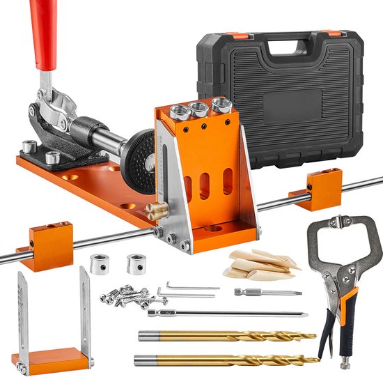 Pocket Hole Jig Kit, 34-delig met 11-inch C-Klem, Jig, Trapboor, Schroevendraaiers, Boorstopringen, Vierkante Aandrijfbits, Gereedschapskoffer voor Doe-Het-Zelf Timmerprojecten van WORKPRO