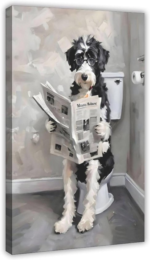 Poedel op canvas poster, poedel zittend op toiletbril en krant leest op canvas, muurkunst voor woonkamer slaapkamer, 30,5 cm lang